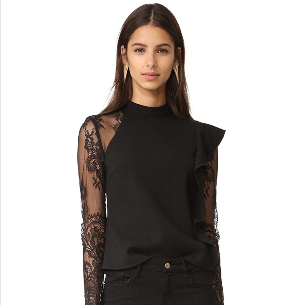 Self-Portrait Black Lace Sleeve Ruffle Top